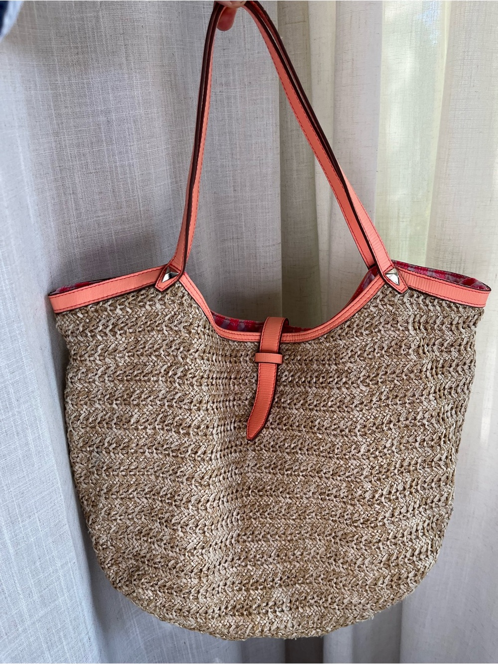 Stella & Dot Natural Woven Tote with Coral Trim and Straps